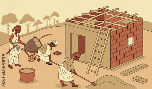 A high-detail vector or semi-realistic illustration of a rural Pakistani construction site: villagers working together to pour concrete (lanter) on the roof of a newly built brick house. Wooden scaffo