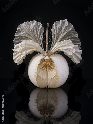 Single physalis on a black reflective background