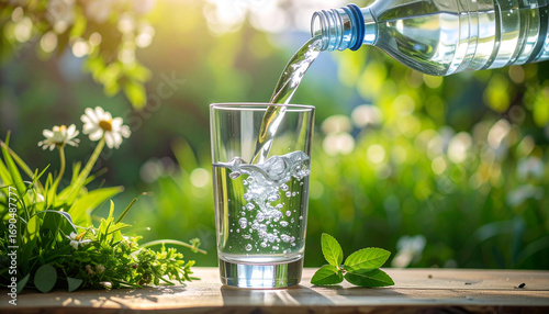 Water pouring into glass on wooden table in sunny garden
