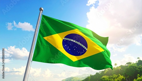 Waving Brazil Flag with Green, Yellow, and Blue Elements Against Sky