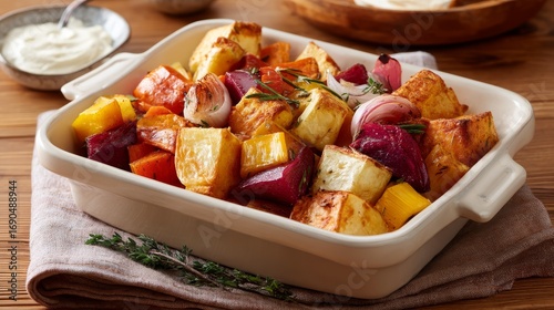 Colorful roasted root vegetable medley served in a rustic ceramic dish with fresh thyme sprigs on a wooden table, capturing a hearty, natural, and inviting culinary presentation