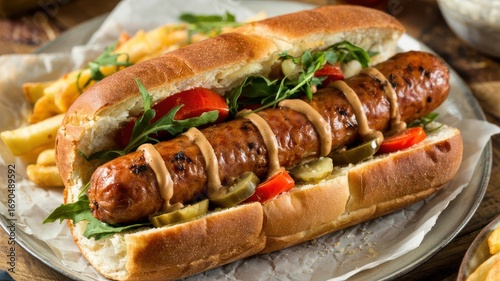 Grilled andouille sausage sandwich in crusty roll with fresh greens and pickled vegetables, served with golden fries on rustic plate