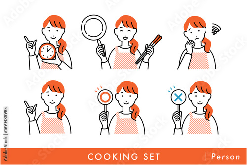 料理をするエプロンを着た女性の人物イラストセット