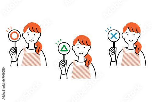 丸とバツと三角の札を持ったエプロンを着た女性のイラスト