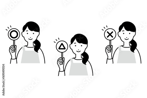 丸とバツと三角の札を持ったエプロンを着た女性のイラスト モノクロ