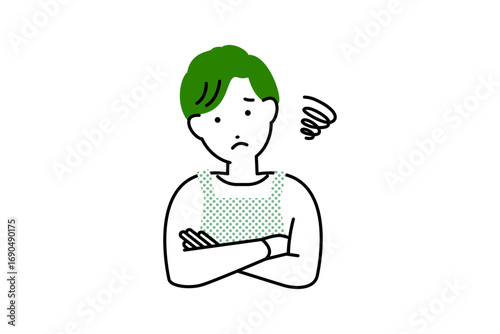 悩んでいる料理をするエプロンを着た男性主夫の人物イラスト