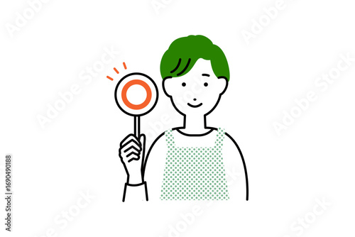 正解の札を持った料理をするエプロンを着た男性主夫の人物イラスト