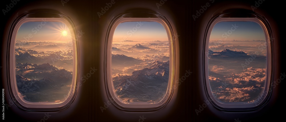 Fototapeta premium Airplane window view of sunrise scene aircraft interior passenger perspective sky through window atmospheric cabin