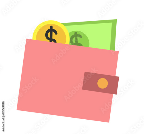 Vector illustration of a wallet containing money and coin. Symbol of finance, savings, cash, banking, and personal economy management.