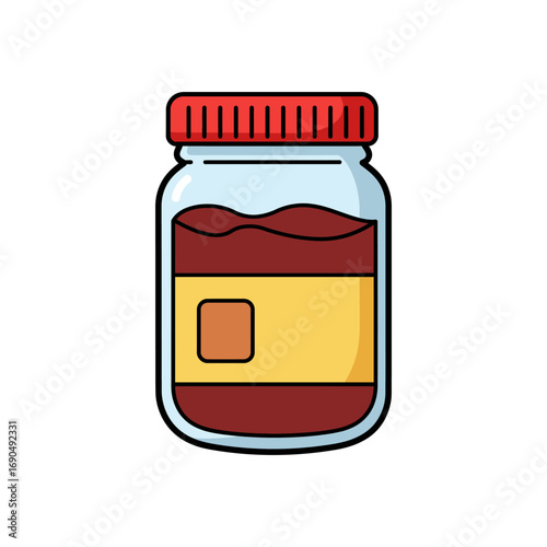Cartoon Jar Filled with Dark Red Jam and a Yellow Label.