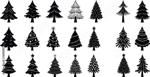 Black and white Christmas tree icons set, festive pine tree silhouettes, holiday decoration symbols, winter evergreen vector illustrations