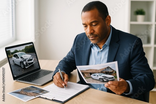 Insurance agent reviewing car accident photos and documents in office with laptop showing damaged vehicle on light background. Ai generative. Ai generative