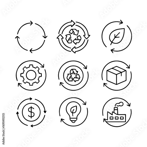 Circular Economy Icons Representing Recycling Sustainability and Environmental Concepts.