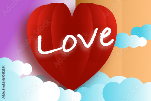 Romantic red heart balloon with the word Love floating in colorful sky and clouds, perfect for Valentine’s Day, wedding, and romantic design themes.