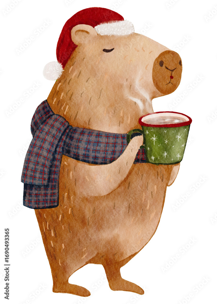 Fototapeta premium Watercolour Capybara character wearing Santa hat,scarf holding hot chocolate cup for Christmas,Winter holiday greeting card,festive decoration design.Hand paint cartoon animal in warm festive seasonal