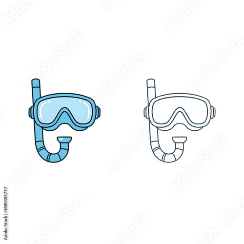 Set of snorkeling mask and snorkel illustrations in color and outline styles. Vector graphic for summer vacation and water sports concepts