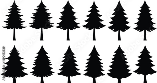 Black Christmas tree silhouettes collection, various pine tree shapes, holiday evergreen icons, winter season decoration vector set