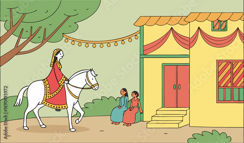 A colorful illustration of a traditional Pakistani village wedding celebration: a beautifully decorated courtyard with marigold flowers, fairy lights, and vibrant drapes. The bride is sitting on a cha