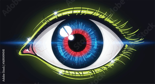 Vibrant, futuristic eye with glowing neon outline, symbolizing vision and technology.