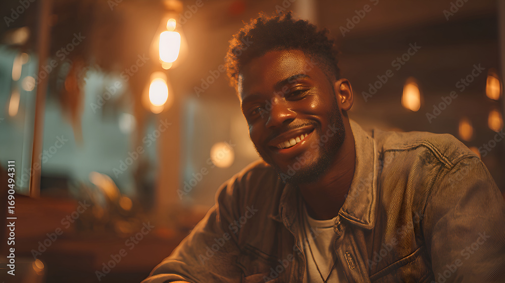 Obraz premium Young man smiling in warmly lit cafe or restaurant