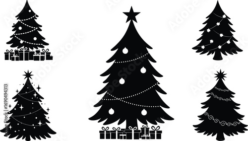 Black Christmas tree silhouettes with ornaments and gifts – festive holiday vector clipart set with star toppers and garlands
