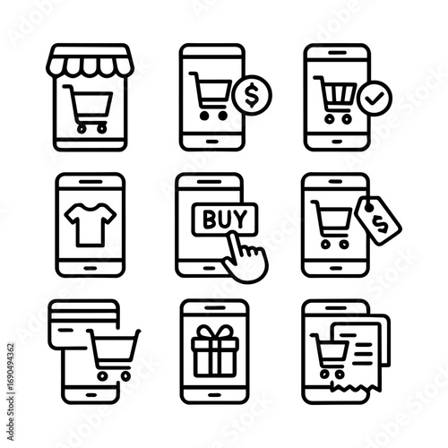 Online Shopping Icons Set Mobile Commerce with Storefront Dollar Buy Button.