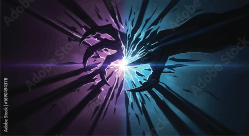 Mysterious clawed hand emerges from a swirling vortex of light and shadow