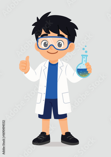 Cartoon child scientist boy with lab coat and lab goggles holding beaker with thumbs up