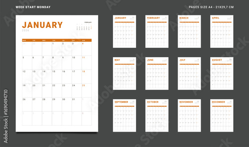 2026 Calendar Planner Set of new Template 12 Monthly Page for Corporate or Personal use. Vector layout grid vertical of wall or desk organizer with week start Monday for print. Pages size A4-21x29.7