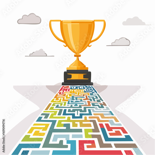 Colorful Maze Path to Golden Trophy