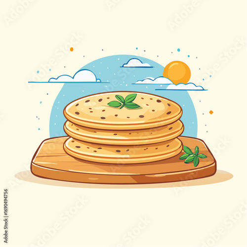 Stack Of Indian Flatbreads On Wooden Cutting Board