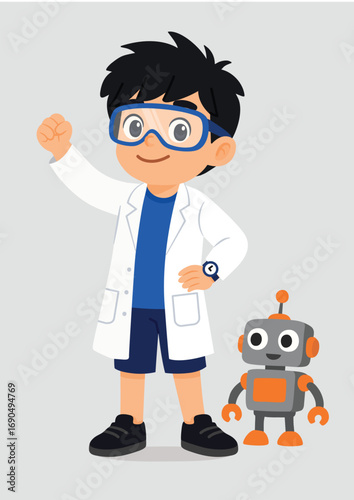 Cartoon child scientist boy with lab coat and lab goggles standing proud with small robot