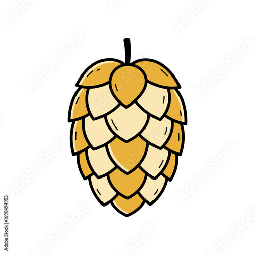 Stylized Hop Cone with Golden and Cream Petals Black Outline.