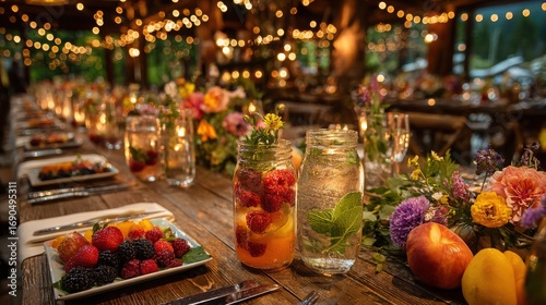 Lively Midsummer Nights Feast Featuring Colorful Fruit Tarts and Herbal Infusions Celebrating Joyful Gatherings and Culinary Creativity