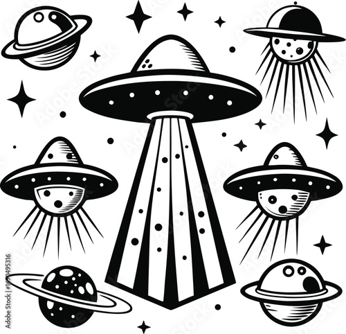 Monochrome space collection with planets, stars, and ufos isolated on white background in vintage style