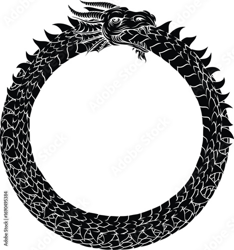 An Ouroboros or Uroboros circle dragon eating its tail circular symbol in a vintage woodcut etching style.