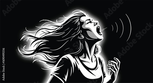 Powerful woman expresses intense emotion through a primal scream, hair blowing dramatically.