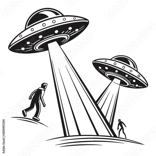 Two ufos are landing on earth with beams of light and people running, isolated on white background