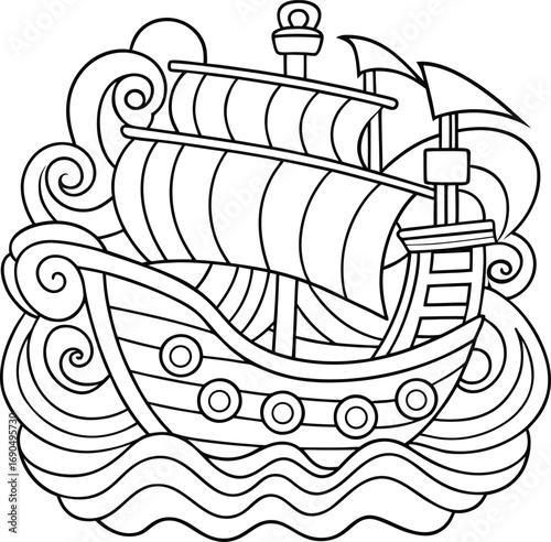 Outline of a pirate ship sailing on waves with clear bold line details Vector illustration