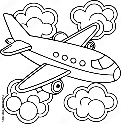 Outlined airplane flying smoothly above clouds in simple clean bold style Vector illustration