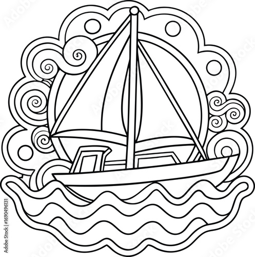 Outlined sailboat floating on calm water with bold simple shape drawing Vector illustration