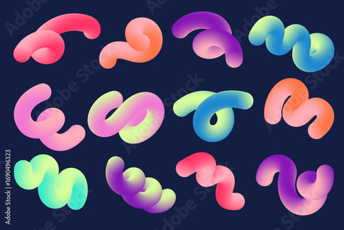 3D gradient abstract shapes. Colored fluid wavy lines. Bright blended holographic elements on dark background. Swirl modern dynamic strokes. Vector trendy splashes
