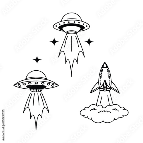 Simple black and white illustration of ufos and a rocket ship isolated on white background
