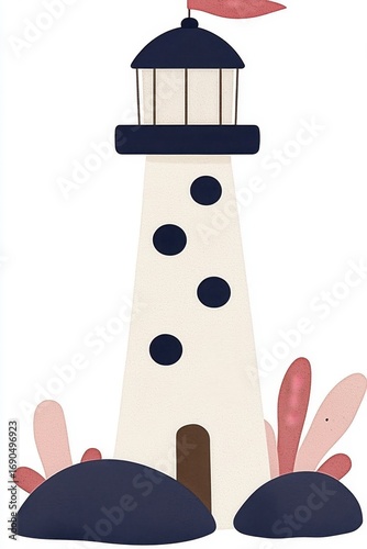 Coastal Lighthouse Illustration with Pink and Purple Foliage, Generative AI