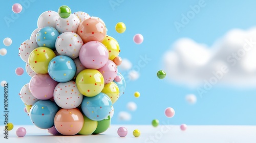 Cluster of Pastel Spheres Against Light Blue Sky, Generative AI