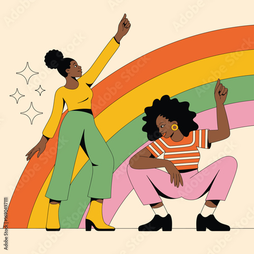 Vibrant colorful silhouettes of dancing people in dynamic poses on textured grunge background, energetic party scene vector illustration for music events, nightlife, celebration, and club promotions