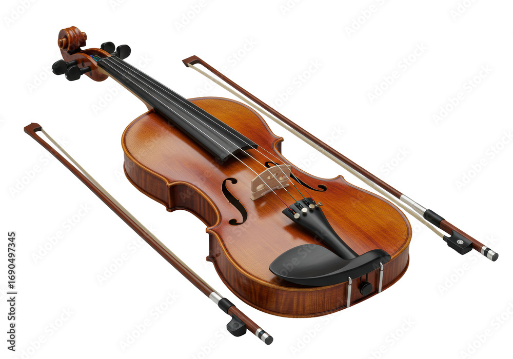 Fototapeta premium Pristine polished violin with rich brown wood, intricate grain, and a dark pernambuco bow, on a seamless transparent background. Luxury musical instrument concept