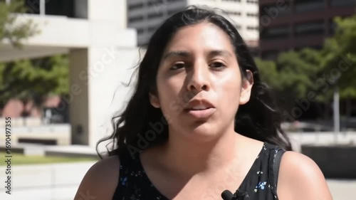 Young Hispanic Woman Speaking Seriously and Gesturing During an Outdoor Interview in the City