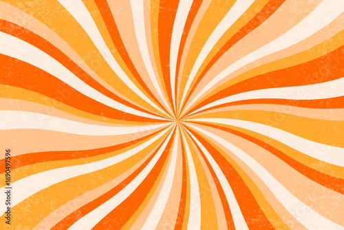Retro spiral background with pattern of swirl radial rays. Carnival summer psychedelic bg. Vector abstract 70s orange circular striped textured backdrop.
