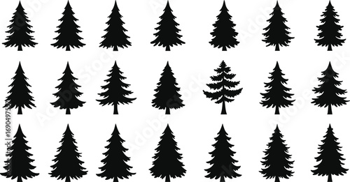 Black silhouette Christmas tree icons set, pine tree shapes collection, winter holiday symbols, festive evergreen vector illustrations